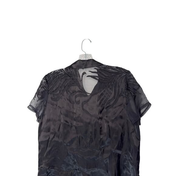 Black Basic Dressy Vamp Silk Short Sleeve Collared Button Up Blouse Large - Picture 5 of 10